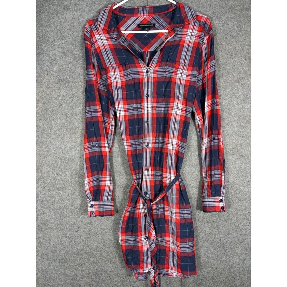 Banana Republic Plaid Shirt Dress Womens 12 Red Navy Blue Long Sleeve 245441-00